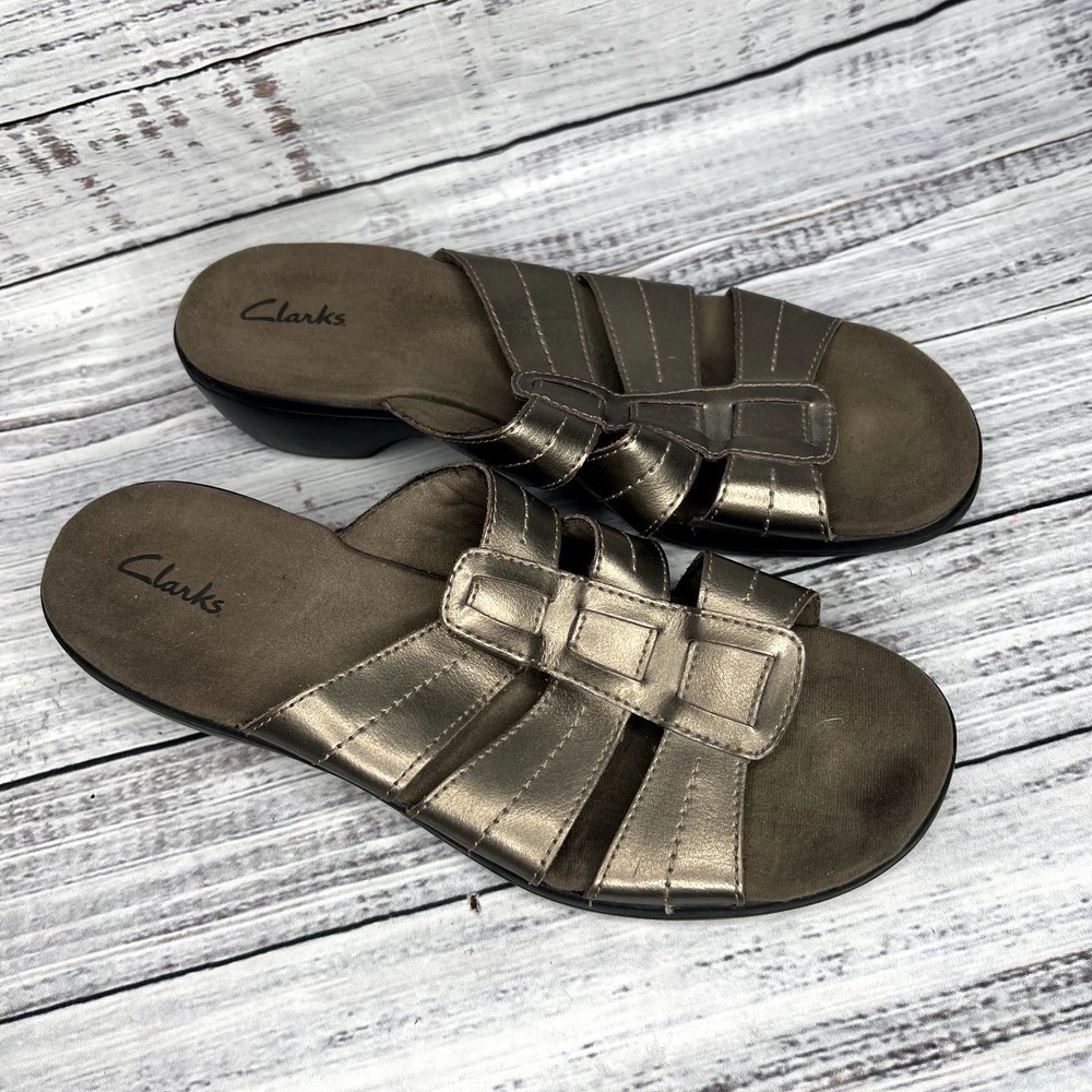 Clarks Prarie Butter Pewter Sandals Slide Comfort Shoes sz 9